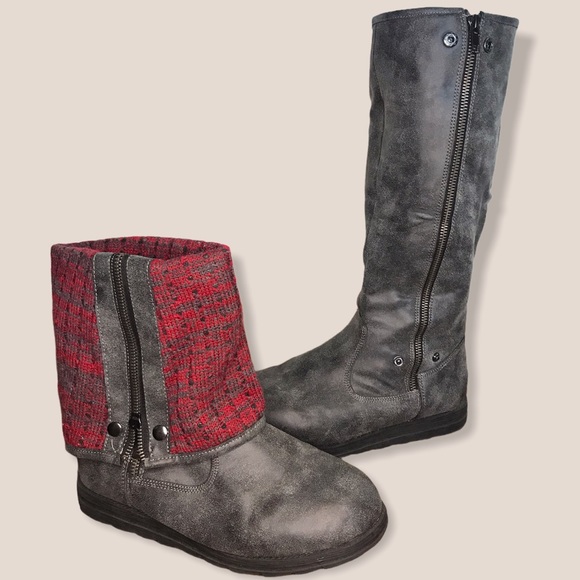 Muk Luks Gray & Red Cuffed Tall Boots Size 9